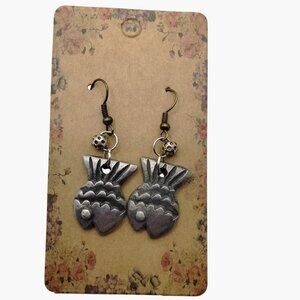 Fish Shaped Metal Earrings Hook Bead Accent Silver tone
